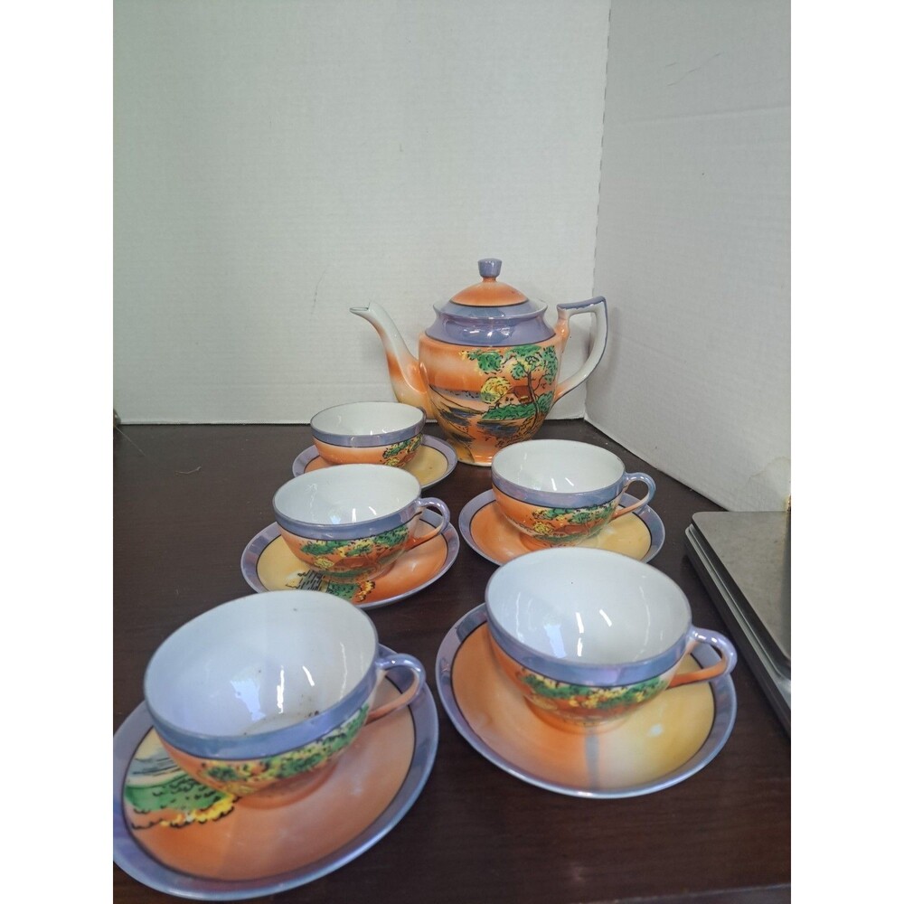 Vintage 1930s Lusterware Teapot With 5cups And 5 Saucers  Handpainted Cottage...